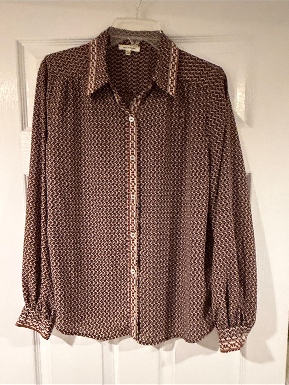 Max Studio Women's Brown Geometric Button-Up Blouse Large